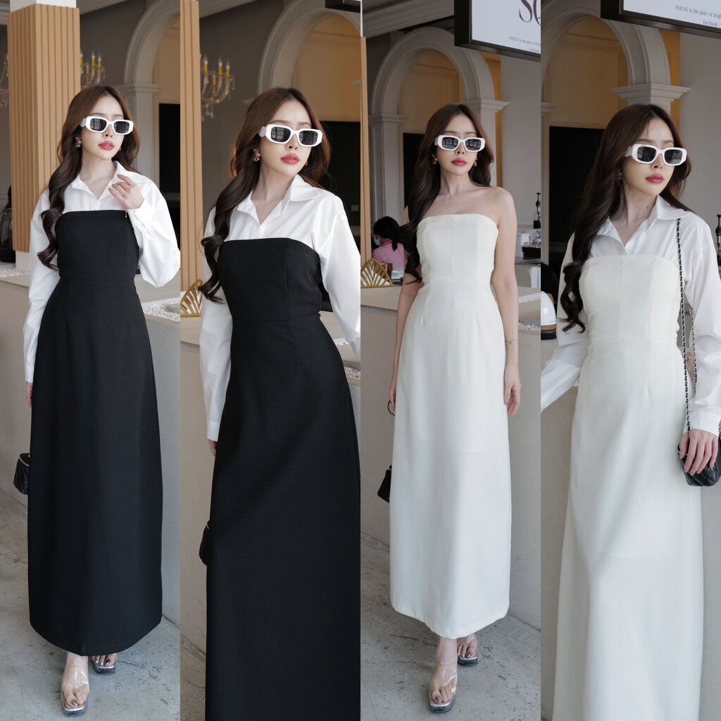 #4768 HILOOK ชุด 2 ชิ้น เดรสเกาะอกตัวยาวทรงตรงยาวเนื้อผ้าทวิตเรียบสีพื้น + เสื้อเซิ้ตแขนยาว