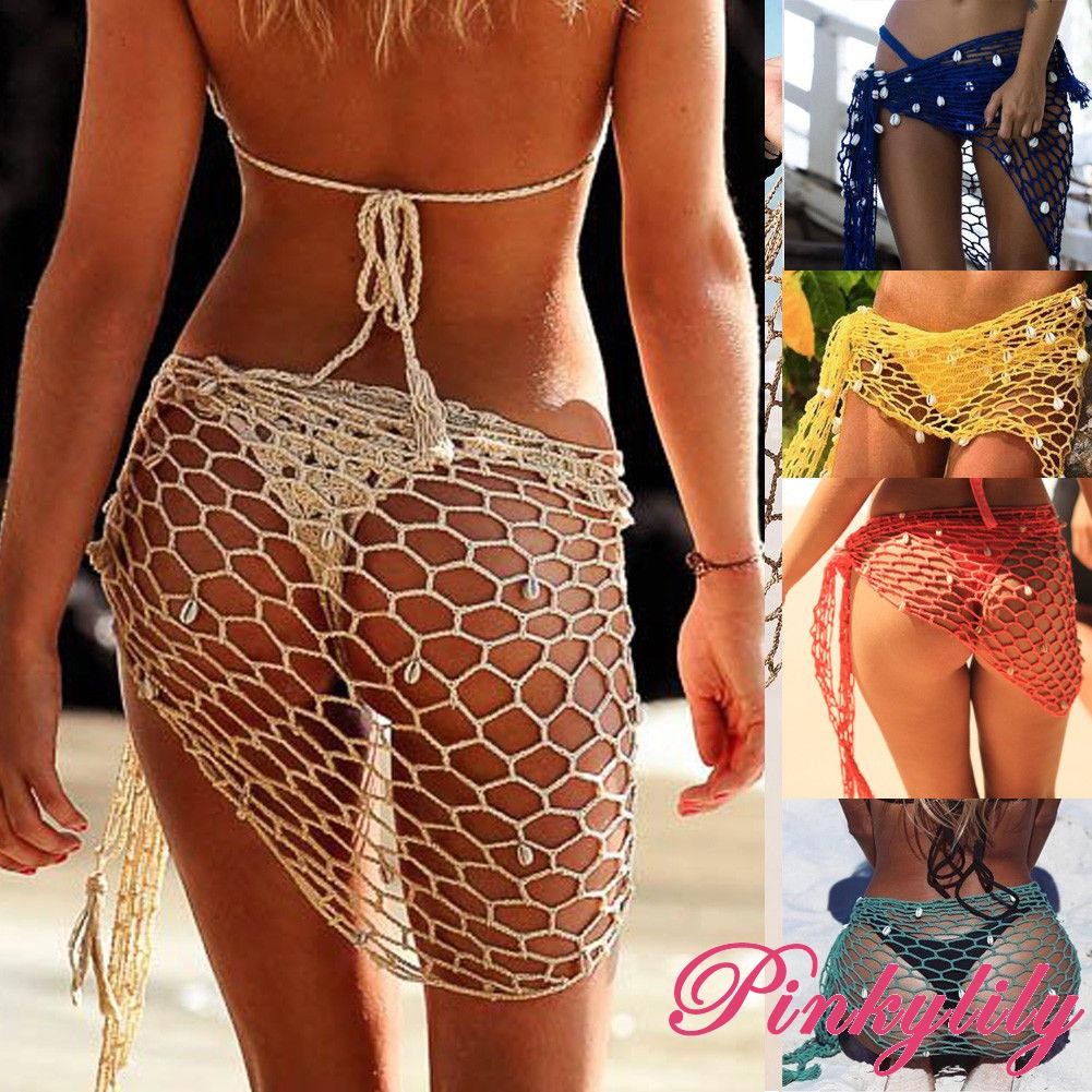 Pink -ผู้หญิงชุดว่ายน้ําสามเหลี่ยม Wrap Fishnet สีทึบชุดว่ายน้ํากระโปรงบิกินี่ผ้าคลุมไหล่ฤดูร้อน Beach Cover Up