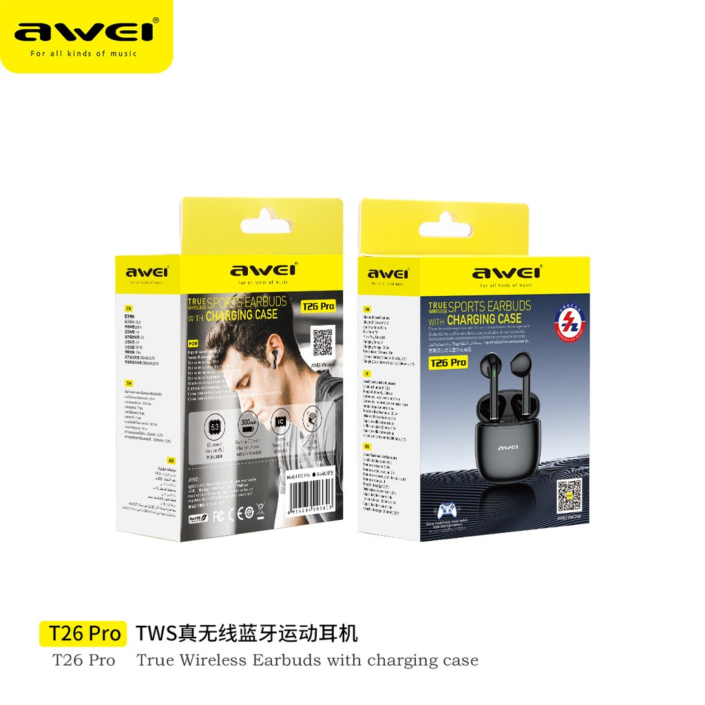 ไม่เจ็บหู Awei T26 Pro TWS หูฟังบลูทูธไร้สายบลูทูธ5.3เสียงสเตอริโอ6D ไฮไฟเบสชุดหูฟังเล่นเกม