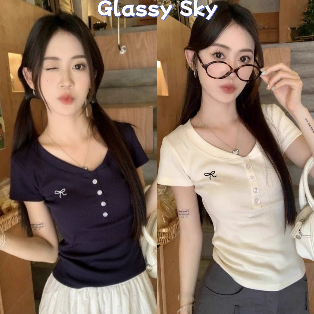 Glassy Sky💖พร้อมส่ง💖 เสื้อครอปคอกลม มินิมอนสไตล์ แขนสั้น ดีเทลแต่งลายโบว์สีพื้น เสื้อแขนสั้น(FYT80)