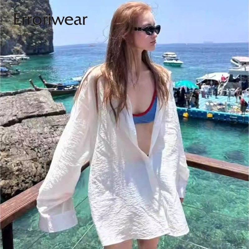 Errokiwear เสื้อผู้หญิง 2025 โปร่งแสงสีทึบ ป้องกัน UV หลวม_fit casual vacation tops