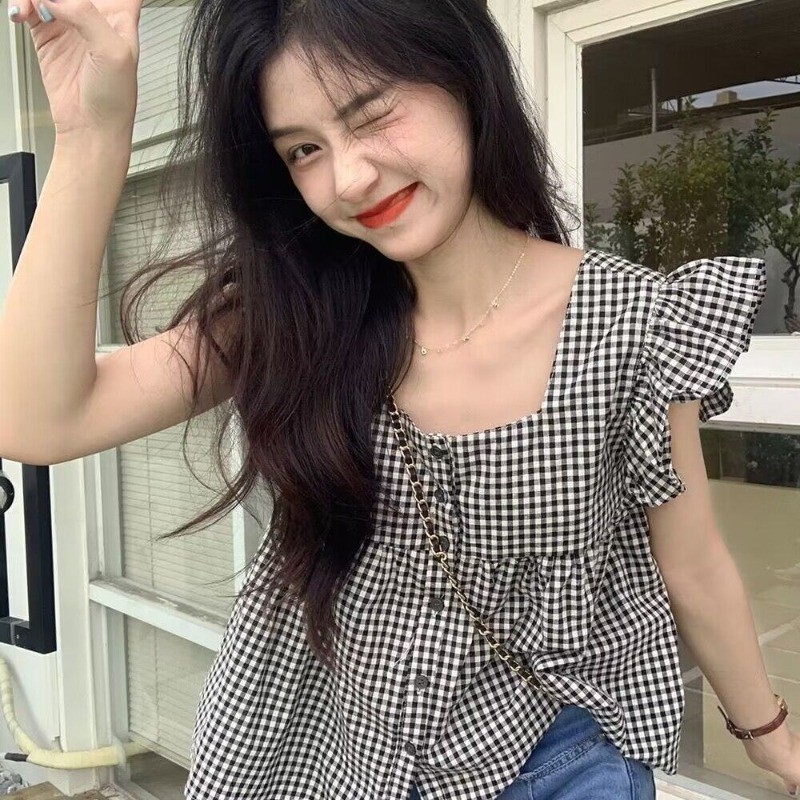 🌈vicky🌈ตาหมากรุก แขนสั้น เสื้อเชิ้ต เวอร์ชั่นเกาหลี สไตล์ใหม่ แฟชั่น