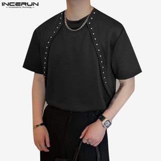 Incerun เสื้อยืด แขนสั้น เปิดไหล่ โลหะ สําหรับผู้ชาย
