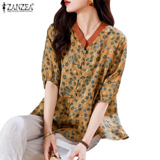 Zanzea เสื้อเชิ้ตแขนครึ่ง คอปก พิมพ์ลาย สไตล์เกาหลี แฟชั่นสตรี