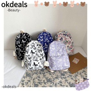 Okdeals กระเป๋าเป้สะพายหลัง ผ้าไนล่อน พิมพ์ลายผีเสื้อ แบบพกพา ไม่มีจี้ห้อย สําหรับนักเรียน