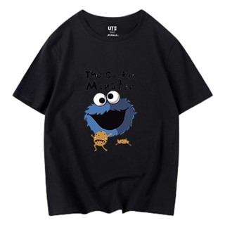 S-5XL Uniqlo เสื้อยืดแขนสั้น พิมพ์ลายการ์ตูน Sesame Street แฟชั่นคู่รัก