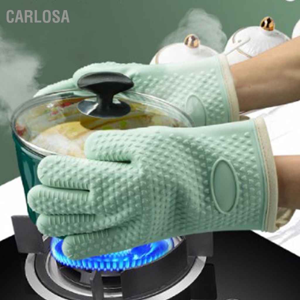 CARLOSA ถุงมือเตาอบซิลิโคนหนาป้องกันน้ำร้อนลวก ถุงมือทำอาหารซิลิโคนทนความร้อนสำหรับเครื่องปิ้งขนมปังเตาอบไมโครเวฟ