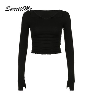 Sweeticme ใหม่ เสื้อครอปลําลอง คอวี แขนบาน สีพื้น แฟชั่นสําหรับสตรี 2023