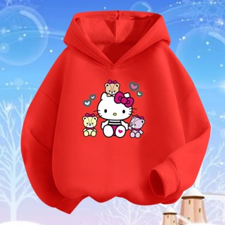 SANRIO เสื้อกันหนาวแขนยาว มีฮู้ด แบบบาง ทรงหลวม ลาย Hello Kitty แฟชั่นฤดูใบไม้ผลิ และฤดูใบไม้ร่วง สําหรับเด็กผู้หญิง