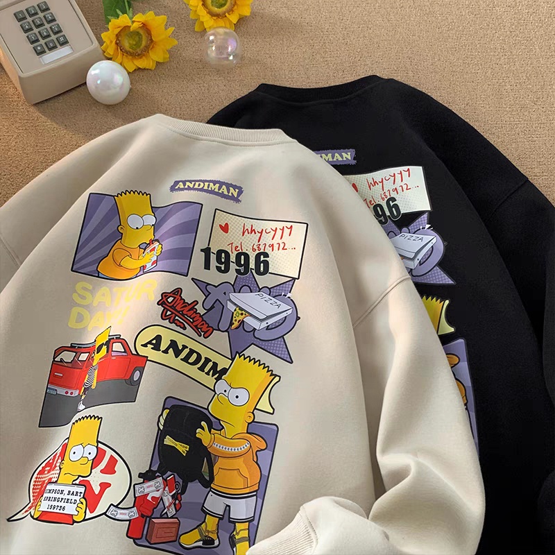 เสื้อกันหนาว คอกลม ผ้ากํามะหยี่ แบบหนา พิมพ์ลายการ์ตูนอนิเมะ Street Simpson สไตล์ฮิปฮอป แฟชั่นสําหรับผู้ชาย และผู้หญิง