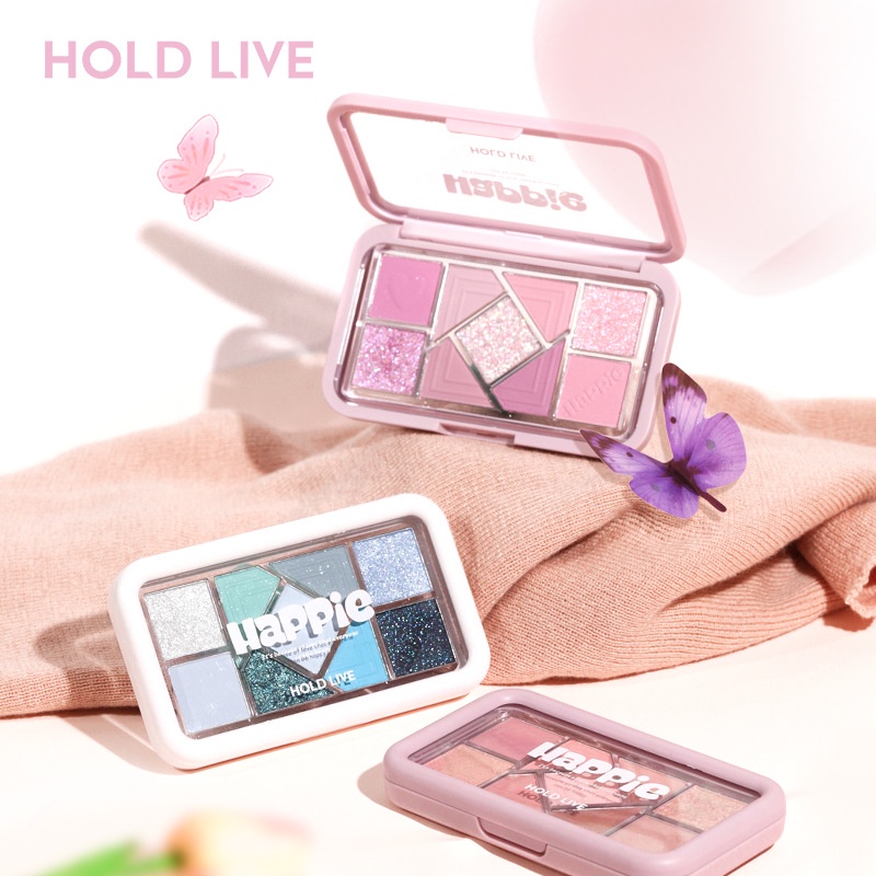 Hold LIVE พาเลตต์อายแชโดว์ บลัชออน กรอบสีชมพู ขนาดเล็ก เก้าสี Earth Color Pink Blue Pearlescent