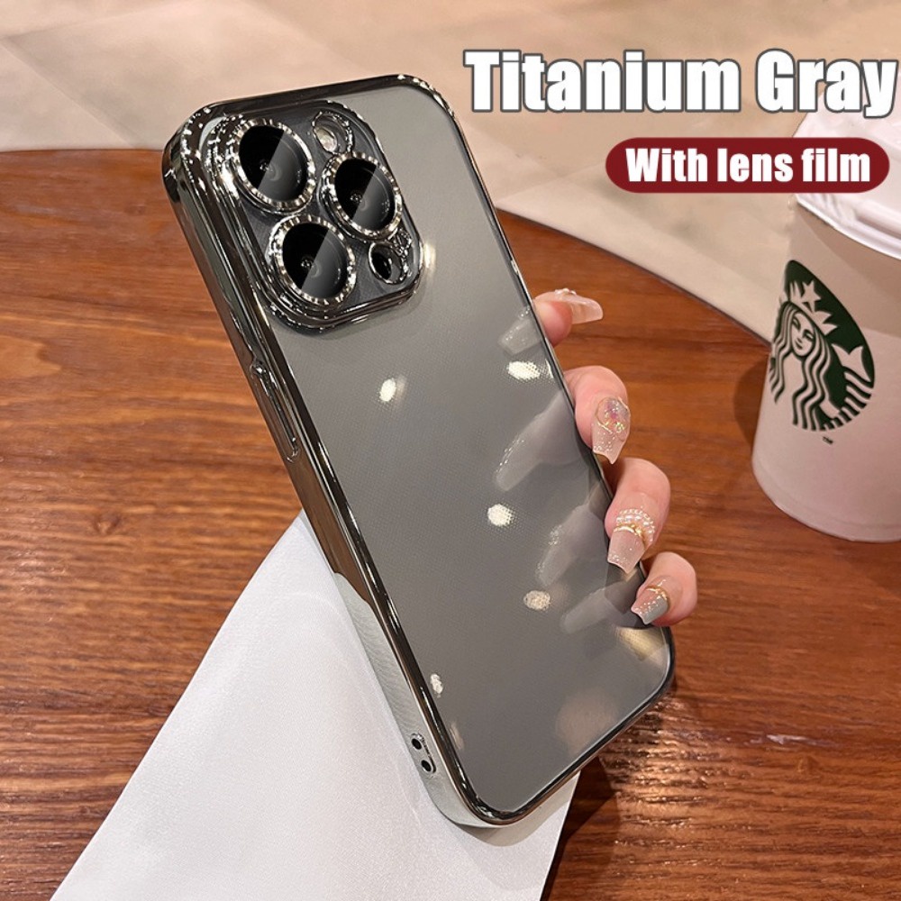 เคสโทรศัพท์มือถือ แบบแข็ง ชุบไทเทเนียม สีเทา หรูหรา ป้องกันเลนส์กระจก กันกระแทก สําหรับ iPhone 15 14 13 12 Pro Max 15 Pro Max