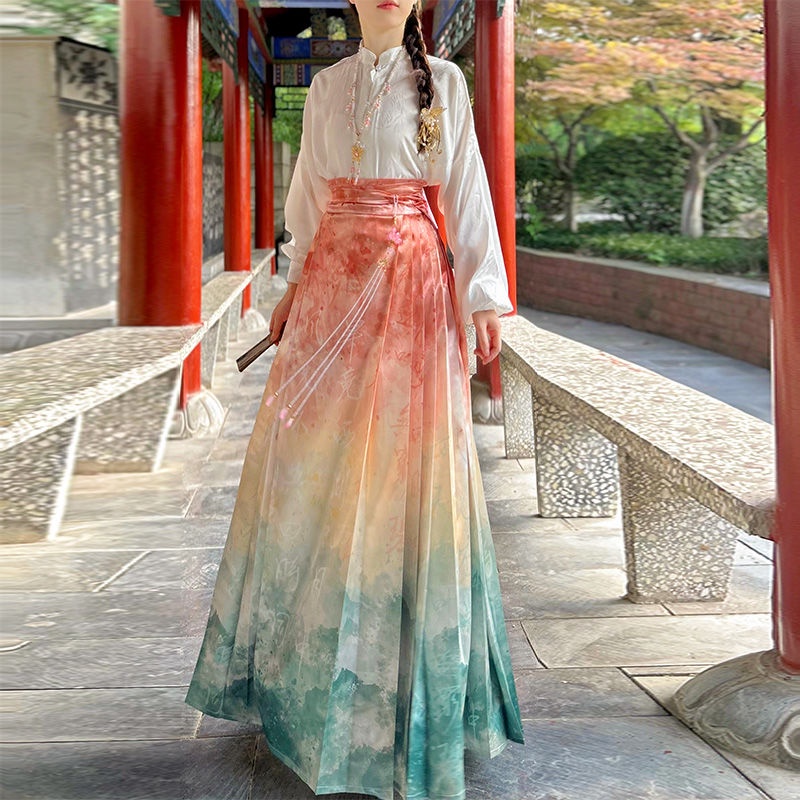 Hanfu [Peach Oolong] ชุดกระโปรง พิมพ์ลายม้า สไตล์จีน สําหรับผู้หญิง