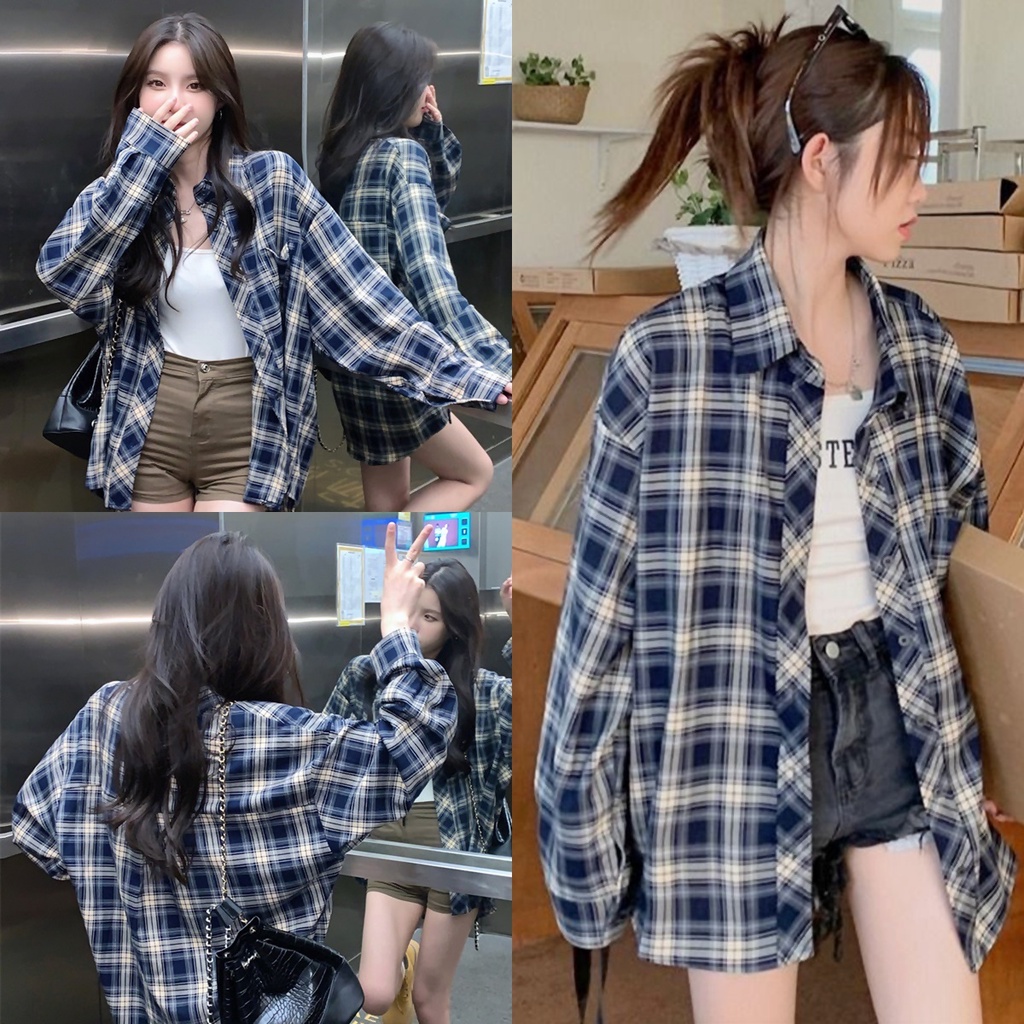 ราคาถูกที่สุด เสื้อเชิ้ตแขนยาว ลายสก็อตโทนสีกรม มีกระดุม มีเป๋าหน้า คอปก