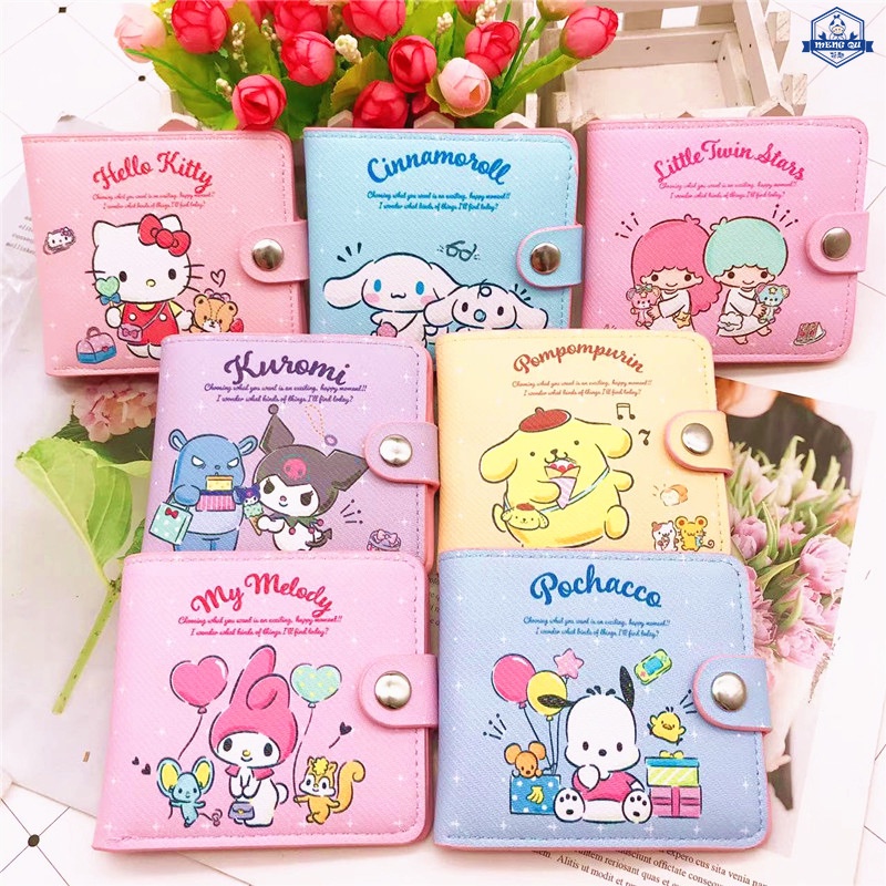 Kawaii Sanrio กระเป๋าสตางค์ กระเป๋าใส่เหรียญ หนัง PU ลาย Hello Kitty Cinnamoroll My Melody Kuromi ลําลอง พร้อมกระดุม สําหรับผู้หญิง