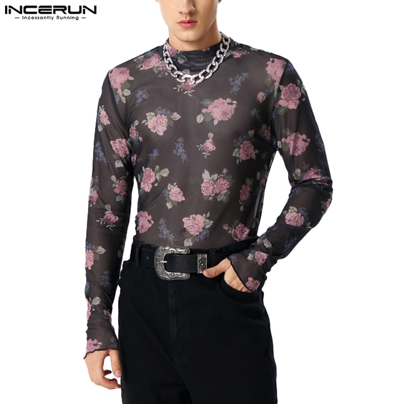 Incerun เสื้อยืดแขนยาว คอสูง ผ้าตาข่าย พิมพ์ลาย