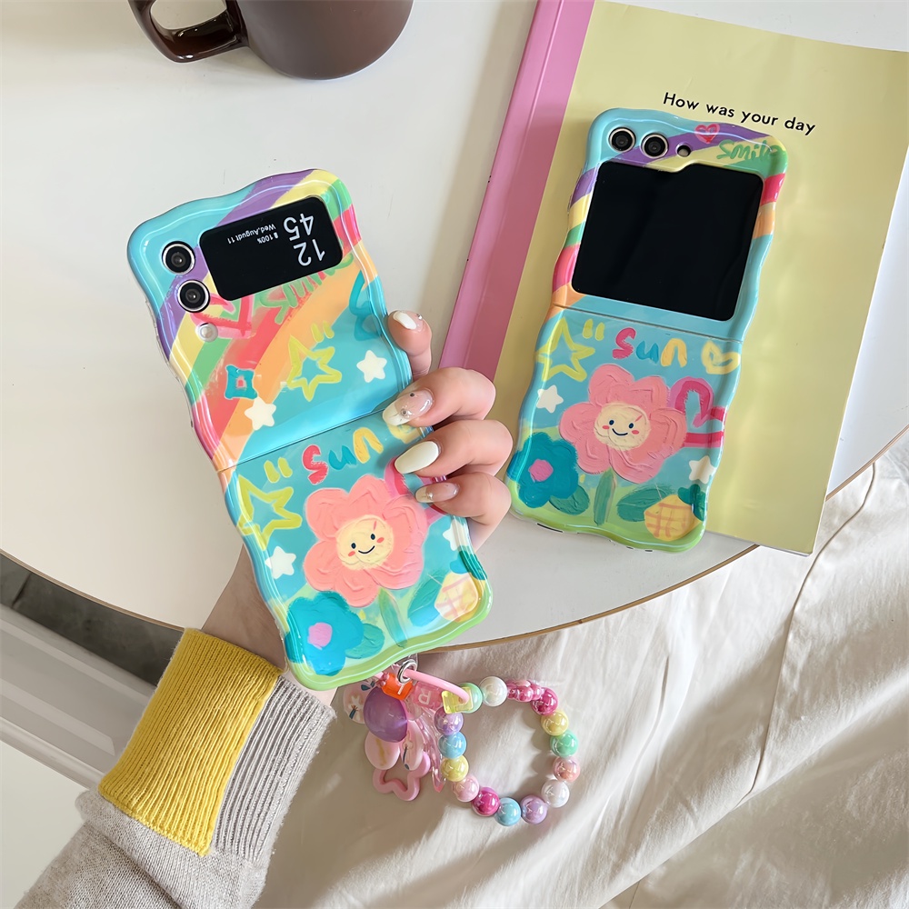 เคสโทรศัพท์มือถือ ซิลิโคนนิ่ม กันกระแทก ลายดอกไม้หน้ายิ้ม สีรุ้ง สําหรับ Samsung Galaxy Z Flip 4 Z Flip 3 Z Flip 5 IMD