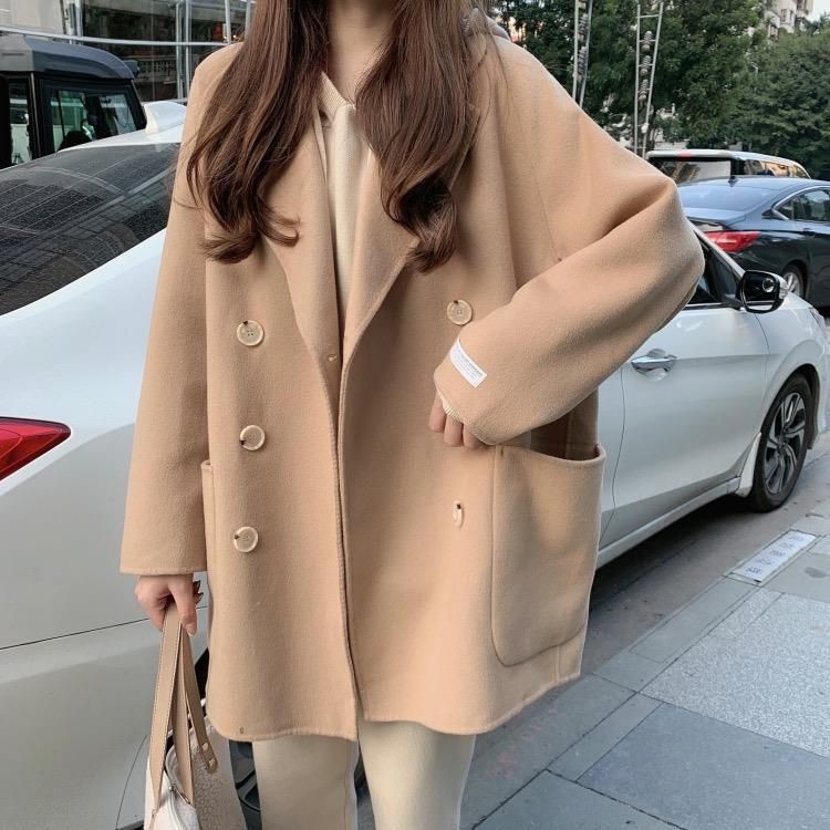 เสื้อโค้ท ผ้าวูล แบบหนา ทรงหลวม และกระดุมคู่ แฟชั่นฤดูใบไม้ร่วง และฤดูหนาว สไตล์เกาหลี สําหรับผู้หญิง