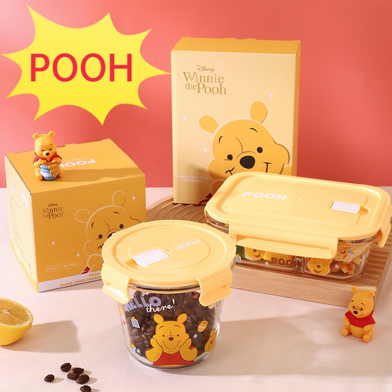 Graby2025 Disney Winnie the Pooh ชามแก้วบอโรซิลิเกตสูงผลไม้กล่องเก็บของสดพร้อมฝาปิดบนโต๊ะอาหารนักเรียนพนักงานออฟฟิศชามข้าวในครัวเรือนแบบพกพาง่ายกล่องเบนโตะชามเก็บสดมาใหม่รุ่นขายดี [