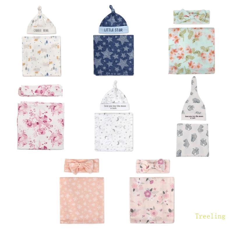 Treeling ผ้าห่ม ผ้าห่อตัว ลายดอกไม้ สัตว์น่ารัก พร้อมหมวก สําหรับเด็กทารกแรกเกิด 2 ชิ้น