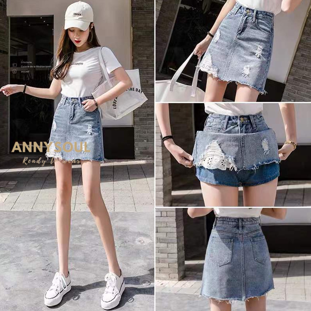 พร้อมส่ง กระโปรงเอวสูงวัยรุ่น ยีนส์ทรงเอ สไตล์เกาหลี