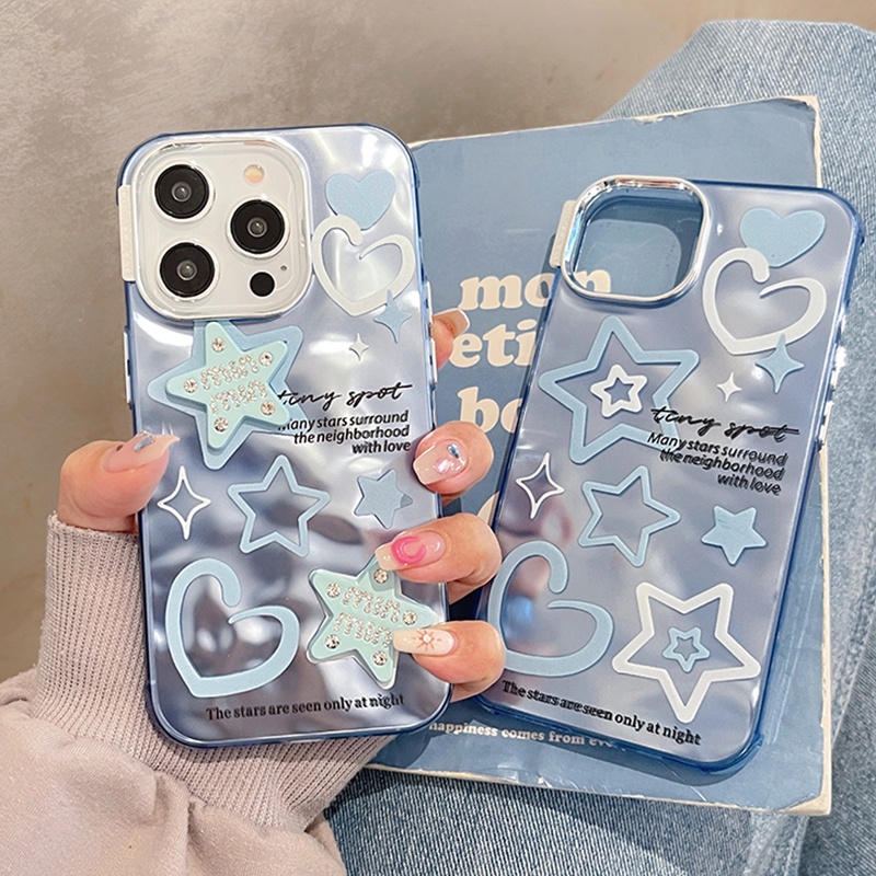 Huiwanju ใหม่ เคสป้องกันโทรศัพท์มือถือ ลายดาวน่ารัก สามมิติ สีฟ้า สําหรับ iPhone 15 14pro 2023 13promax 12 11 max plus