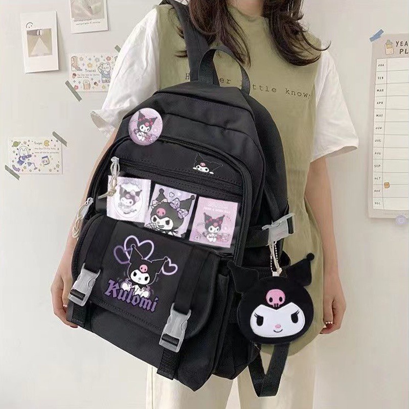 Kawaii Sanrio Mymelody Kuromi Cinnamoroll Pompom ใหม่ กระเป๋าเป้สะพายหลัง กระเป๋านักเรียน ความจุขนาดใหญ่ กลางแจ้ง