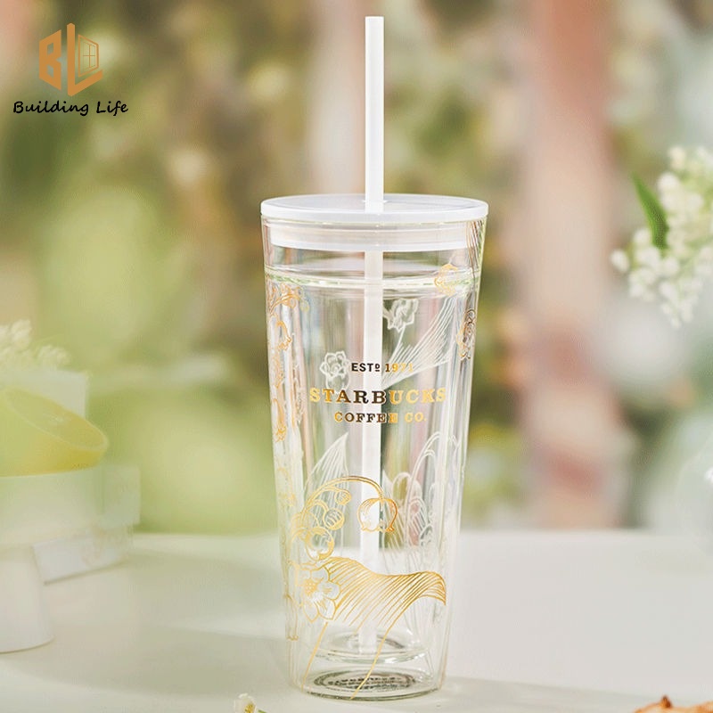 Starbucks แก้วหลอดดูดน้ําสองชั้น ลาย Lily of The Valley ความจุขนาดใหญ่ 591 มล.