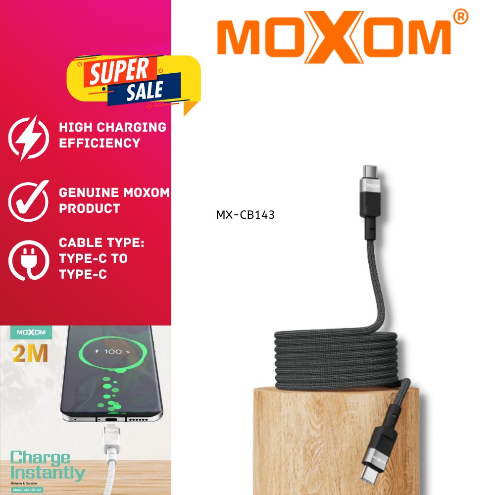 MOXOM MX-CB143 60W Type C ถึง Type C สาย PD Fast Charging ยาว 2 เมตร USB C ข้อมูลไนลอนถักทองแดงดีบุก