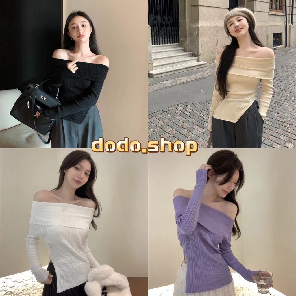 DODO*สินค้าใหม่พร้อมส่ง*เสื้อไหมพรมปาดไหล่แขนยาวดีเทลผ่าปลาย สีเบสิค ทรงสวยใส่แล้วดูดี (98117)