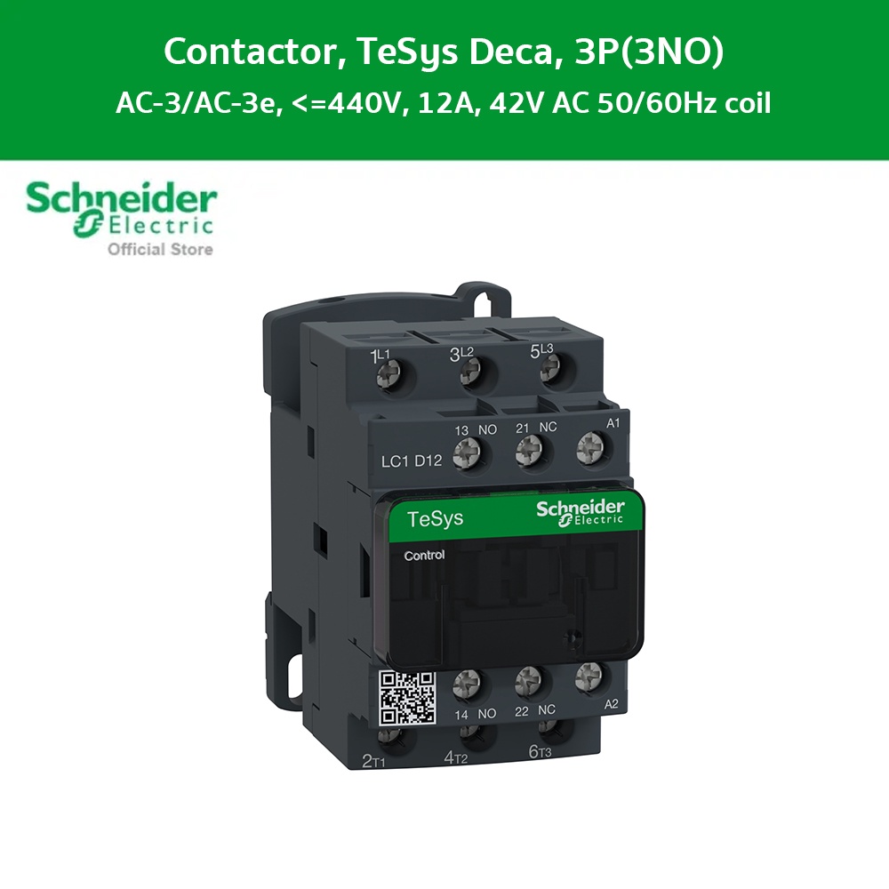 Schneider Electric Contactor, รุ่น Tesys Deca, 3P(3 NO), AC-3/AC-3e, 0 to 440V, 12A, 42VAC 50/60Hz coil l LC1D12D7