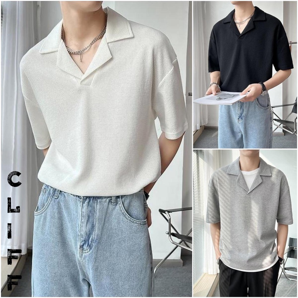 CLIFF เวอร์ชันเกาหลี เสื้อยืด ชาย ปลอกคอ ผ้ากริด Walv สามสี Plain Casual Black