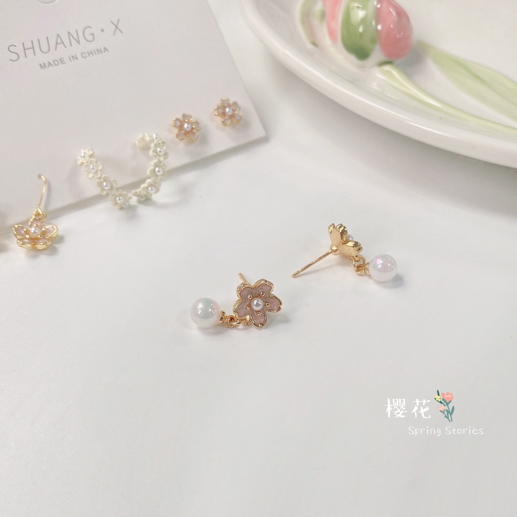 ต่างหูเงิน เกรด 925 รูปดอกซากุระ ประดับมุก สีชมพู สไตล์เกาหลี - รูปที่ 2