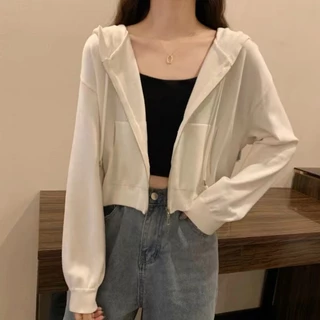 พร้อมส่ง เสื้อครอปมีฮู้ดเเขนยาวสีสันสดใสน่ารักสำหรับผู้หญิง