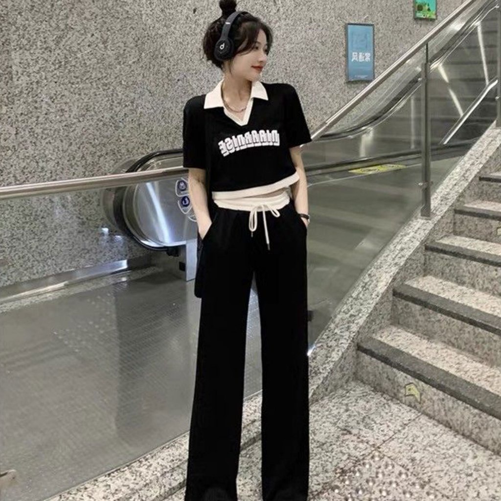 พร้อมส่ง ชุดลำลอง เซต2ชิ้นเสื้อคอปกแขนสั้น กางเกงขายาว)ชุดกีฬา สไตล์เกาหลีใหม่ ชุดเซท เสื้อผ้าแฟชั่น