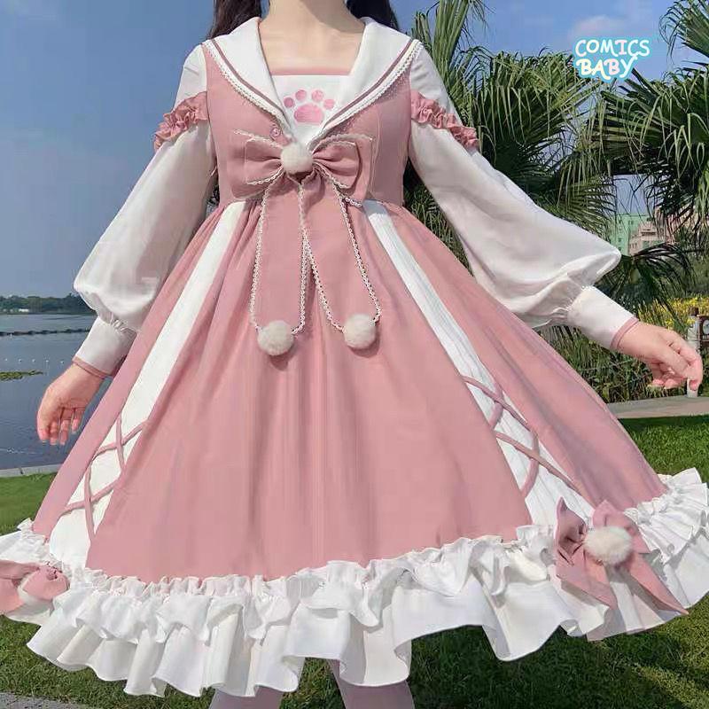 Lolita DRESS 150kg ชุดเดรสเจ้าหญิง ขนาดใหญ่ 150 กก. สไตล์โลลิต้า แฟชั่นฤดูใบไม้ร่วง ฤดูหนาว Large Size Autumn Winter New Style Fat Daily Fresh Bow Long Sleeve PINK BLUE Princess Dress Trendy大码洛丽塔
