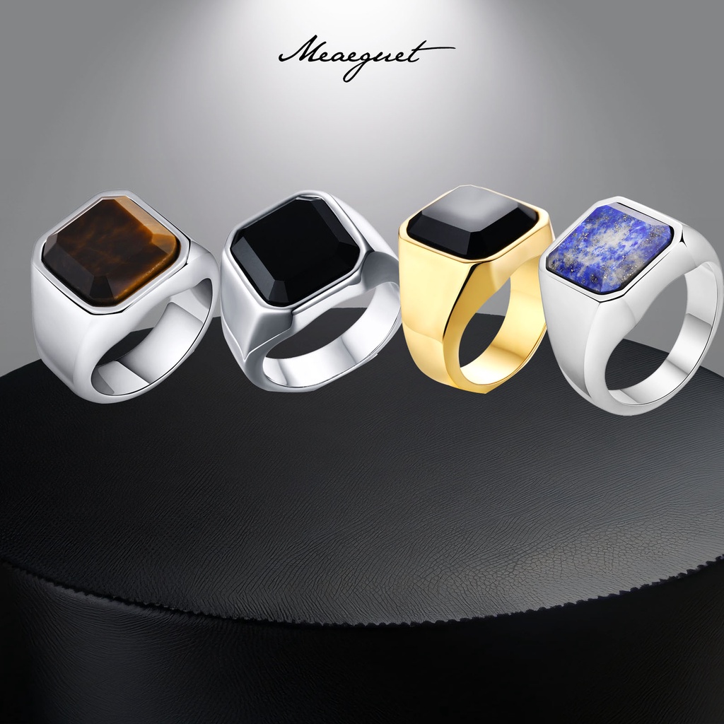 Meaeguet แหวนสเตนเลส หินสีดํา ทรงสี่เหลี่ยม สีทอง สําหรับผู้ชาย 17 มม.