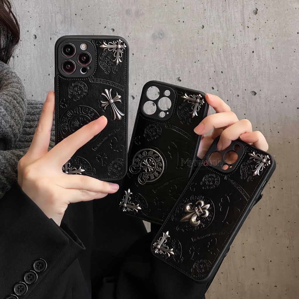 3D โลหะ Retro Croix Heart หนังสําหรับ iPhone 17 ProMax 16 15 14 13 11 12 Pro Max 16 Plus 17 Air Emboss ออกแบบเต็มรูปแบบเลนส์ป้องกันรูออกแบบ Anti Fall ฝาครอบ