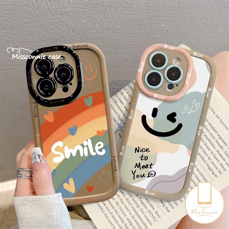เคสโทรศัพท์มือถือคู่รัก แบบนิ่ม ลายการ์ตูนหน้ายิ้มน่ารัก สีน้ําตาล สีรุ้ง หรูหรา สําหรับ IPhone 11 15 14 13 12 Pro MAX X XR XS MAX 15 14 Plus