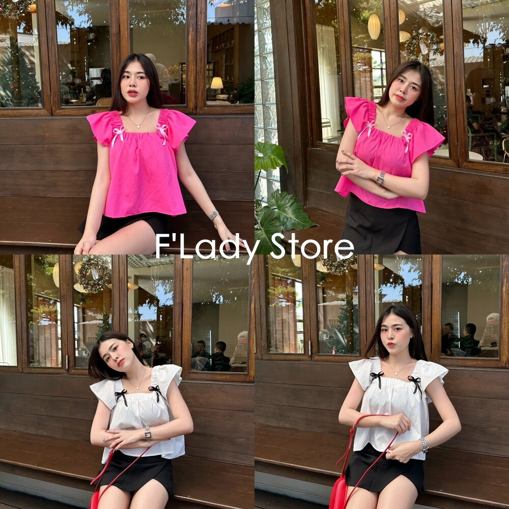 WS185 เสื้อสายเดี่ยวแขนระบาย เย็บแต่งโบว์ด้านหน้า ทรงปล่อย น่ารักมาก