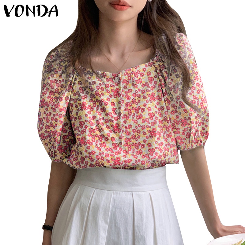 Vonda เสื้อเชิ้ต คอสี่เหลี่ยม แขนพัฟ พิมพ์ลายดอกไม้ สไตล์เกาหลี สําหรับผู้หญิง