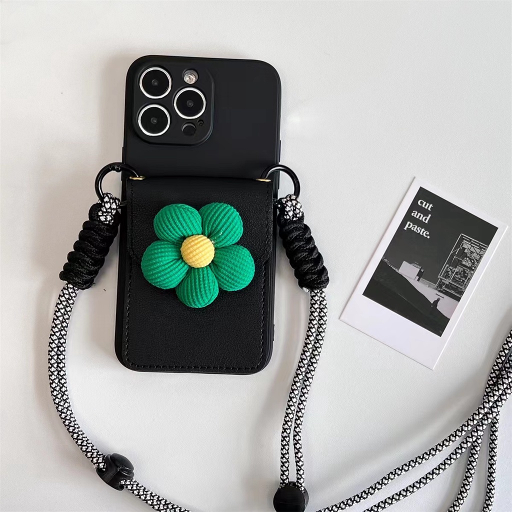 เคสโทรศัพท์หนัง TPU แบบนิ่ม ลายดอกไม้ สีเขียว พร้อมสายสะพาย และช่องใส่บัตร สําหรับ OPPO A5 A9 2020 A7 A12 A76 A16 A16K A17 A17K A53 A73 A57 A58 A78 A94 A54 A74 A15 A15S A52 A72 A92