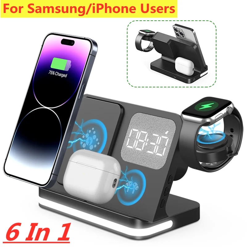 แท่นชาร์จไร้สาย 6 In 1 สําหรับ iPhone Samsung S23 S22 Ultra Note Fold Galaxy Watch 5 4
