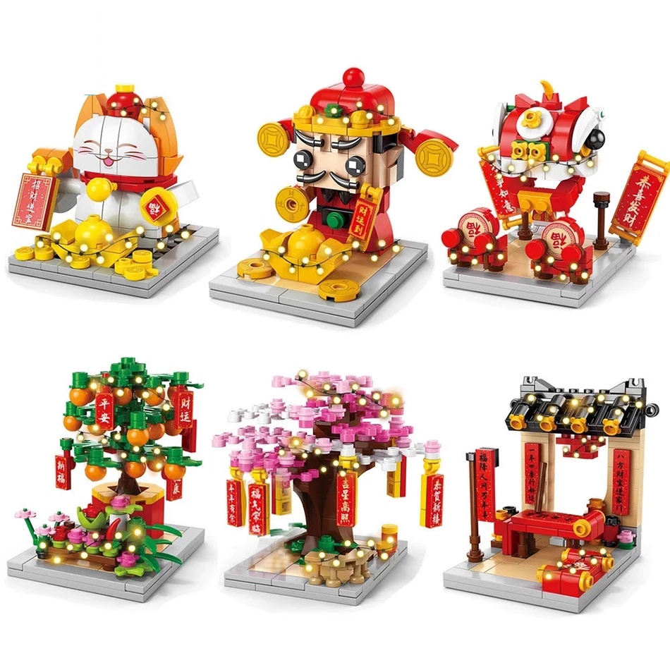 บล็อคตัวต่อ รูปเมืองตรุษจีนนําโชค 6 แบบ พร้อมไฟ DIY ของเล่นสําหรับเด็ก