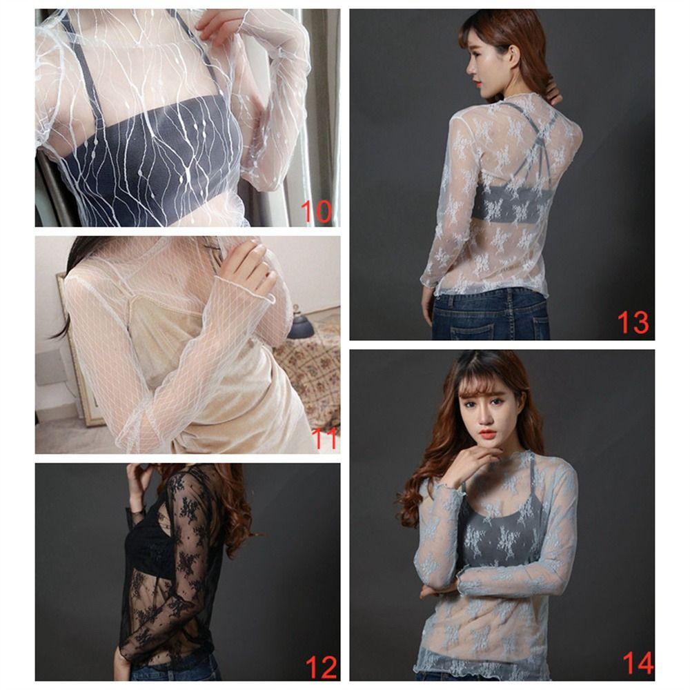 Oceanmap เสื้อยืดลูกไม้, เสื้อตาข่ายซีทรู แขนยาว สุภาพสตรี, เสื้อตาข่ายลําลอง ตาข่ายด้านบน คอเต่า ผ้าเชียร์ สีดํา โปร่งใส เสื้อยืดใต้เสื้อ