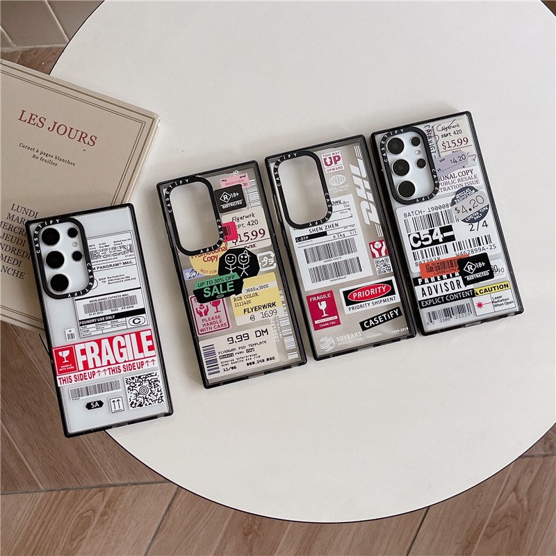CASETIFY【โลจิสติกส์ สินค้าเปราะบาง】เคสโทรศัพท์มือถือ อะคริลิคใส กันกระแทก ลายฉลาก สีดํา สําหรับ Samsung Galaxy S24 Ultra S22 S23 Ultra S23 Plus