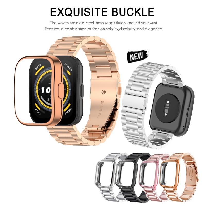 2in1 เคส + สายคล้อง สเตนเลส สายนาฬิกา ชุบ เคสแบบเต็ม สําหรับ Huami Amazfit Bip 5 / Bip 3 Pro