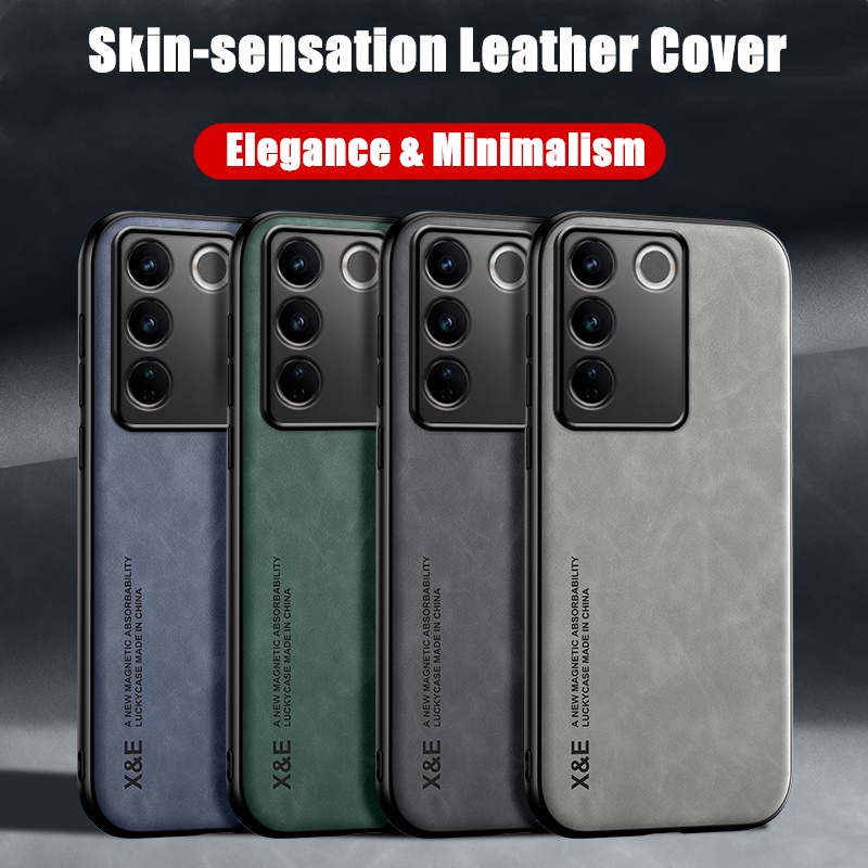 สําหรับ Vivo V27 V2231 V2246 Skin-sensation Elegance Retro ของแท้หนังแผ่นโลหะในตัวลื่นปกหลัง