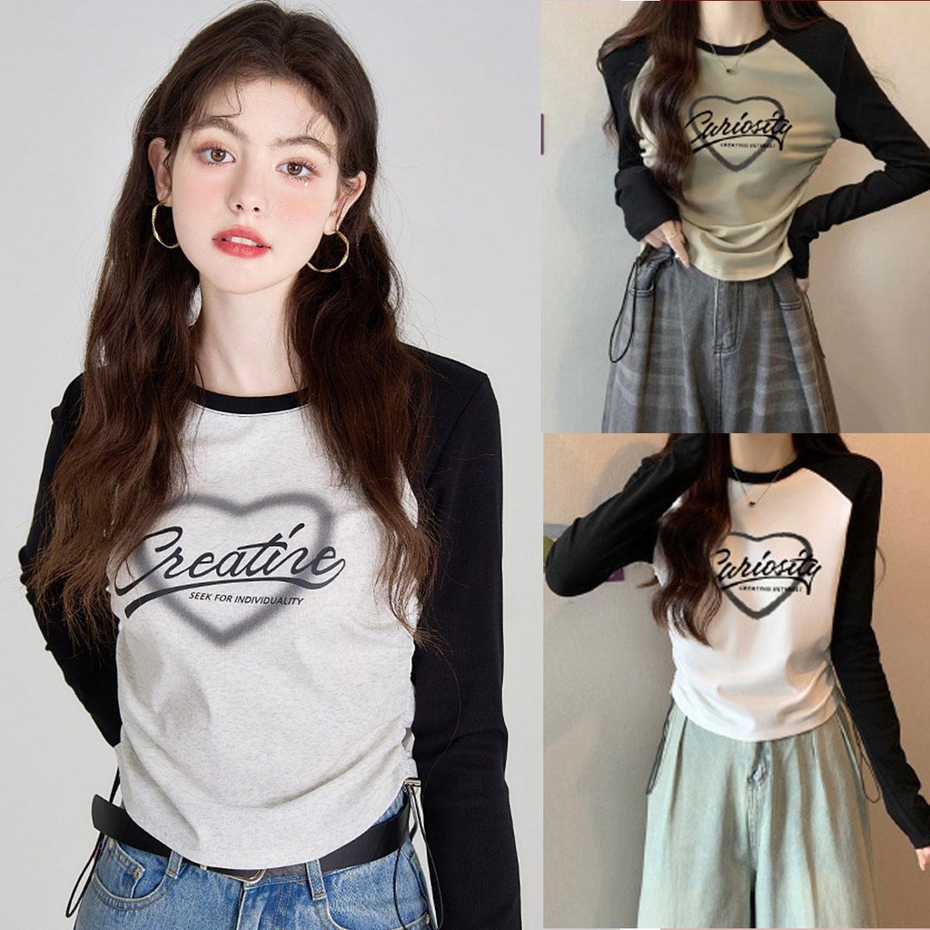 Grace ใหม่เสื้อยืดแขนยาว พิมพ์ลายตัวอักษร คอกลม เข้ารูป แฟชั่นทันสมัย สไตล์เกาหลี สําหรับผู้หญิง 2591