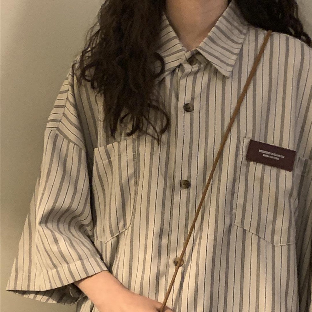 Littlebee W300 เสื้อเบลาส์ลําลอง แขนสั้น ลายทาง ทรงหลวม ความยาวปานกลาง สไตล์เรโทร เหมาะกับฤดูร้อน สําหรับผู้หญิง